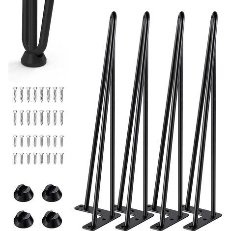 Lot de 4 pieds de table en épingle à cheveux - 3 barres - Pieds de meubles en métal avec protection de sol - Hauteur : 40 cm - Pour tables basses, tables basses, bureaux, tables à manger (1/5)