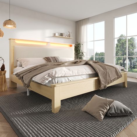 Cama doble 140x200cm cabecero tapizado en pana beige iluminación LED integrada estante y almacenaje bajo estructura madera roble claro (Con colchón)