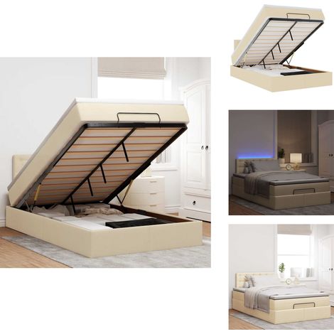 The Living Store Lit ottoman avec matelas et LED crème 120x190 cm tissu - Matelas à ressorts ensachés (1/5)