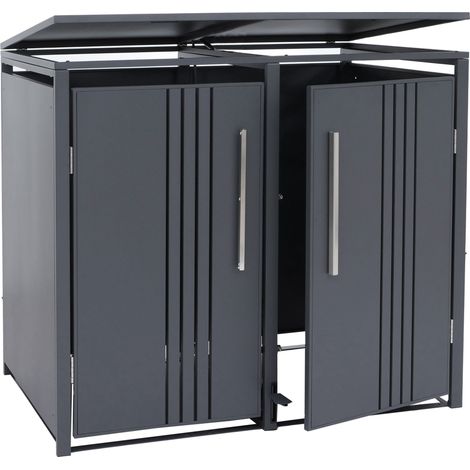 [NEUWERTIG] 2er-Mülltonnenverkleidung HHG-583, Mülltonnenbox Mülltonnenhaus, Deckel Fußpedal Metall 116x132x89cm 53kg anthrazit (1/5)
