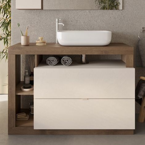 Meuble salle de bain couleur noyer et blanc + vasque L 110cm GAMA (1/5)