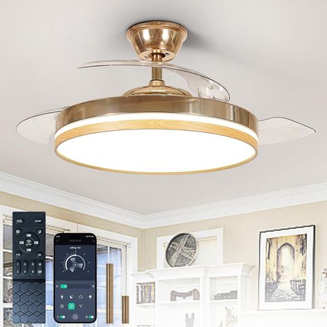 Ventiladores de techo retráctiles con luz: Ventilador moderno de 42 pulgadas con control remoto - Ventilador inteligente dorado y de madera con brillo ajustable para dormitorio (1/5)