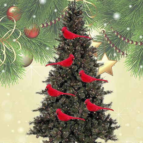 Lot de 4 oiseaux cardinaux rouges artificiels à pinces pour décoration de sapin de Noël, ornement d'oiseau en plumes artificielles pour mariage, jardin et décoration intérieure (1/4)