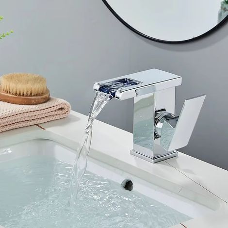 Salle de bains hydroélectrique LED cascade robinet évier lavabo mélangeur pont monté en laiton massif eau puissance bassin robinet lumineux lavabo robinet-Chrome court