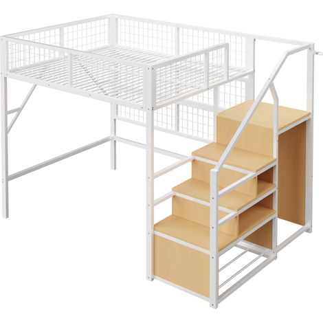 Lit en fer, lit superposé, lit mezzanine 140200, adapté aux enfants et aux adolescents, lit mezzanine polyvalent en métal avec bandes LED commandées par application, escalier avec rangement, penderie  (1/5)