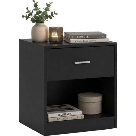 Relaxdays Nachttisch, Schublade, offenes Fach, HBT: 41x39x28 cm, Nachtschrank Schlafzimmer, Nachtkasten, schwarz (1/5)