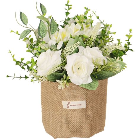 【Petit sac mural en lin à motif floral et eucalyptus - Blanc】Sac en lin orné d'une composition florale créative, d'une rose artificielle décorative à suspendre, sac de rangement, à poser sur une porte (1/2)