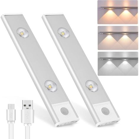 2PCS Lampes LED sans Fil Lumière de Placard,Lampes de Dessous d'armoire à Gradation,Détecteur de Mouvement, 3 Modes d’Éclairage,Lumière de Placard pour Cuisine,Chambre,Couloir, Escalier (1/4)