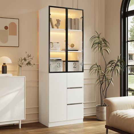 Vetrina da soggiorno bianca 60 x 40 x 180 cm - Mobile vetrinetta con luci led controllabili da app, ante in vetro con telaio in alluminio e cassetti per salotto (1/5)