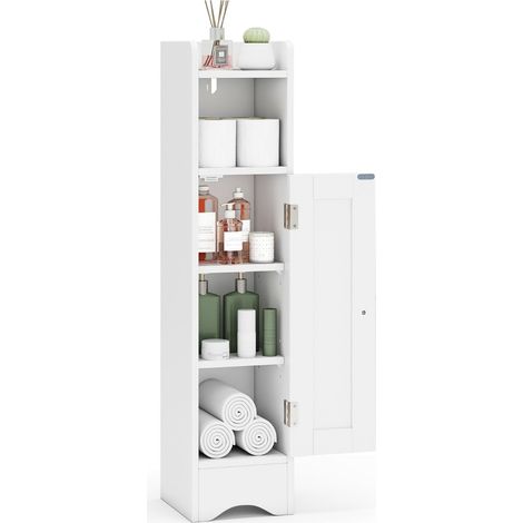 Armadietto da terra angolare con porta e ripiani regolabili, Porta carta igienica stretto per soggiorno e bagno Bianco (1/4)