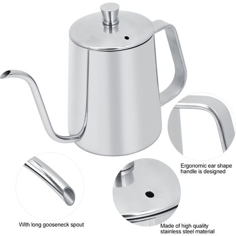 Cafetière à col de cygne long en acier inoxydable de 550 ml avec couvercle, idéale pour la cuisine et les cafés à domicile. (1/5)