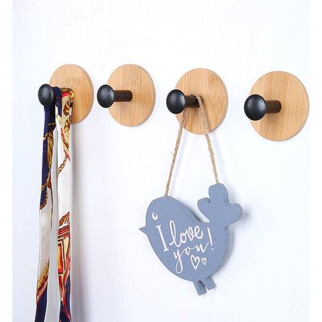 Lot de 4 crochets auto-adhésifs (noirs), crochets en bambou sans couture réutilisables, crochets adhésifs robustes, crochets pour chambre, cuisine, salle de bain. (1/5)