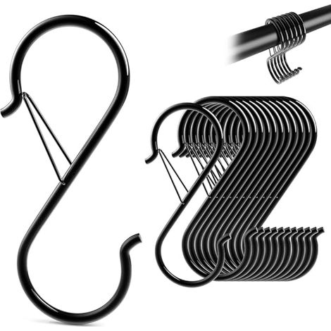12 Stück S haken zum Einhängen, S Haken Edelstahl mit Sicherheitsschnalle, 9cm S Haken Edelstahl, Anti-Drop Edelstahl Aufhängehaken, für Utensilien und Schrankstange, Schwarz