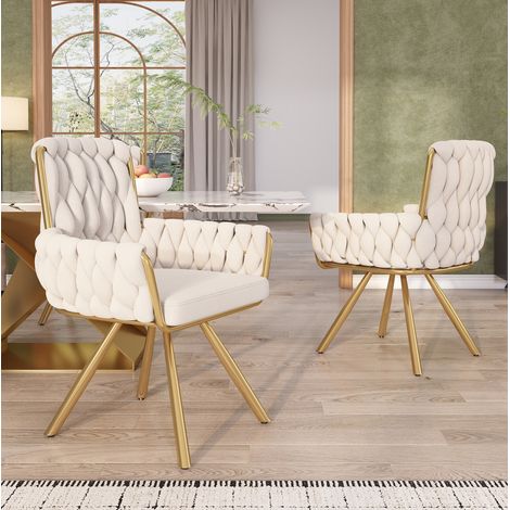 360°-Drehbarer Esszimmerstuhl aus Samt in Beige, 2er-Set, mit Armlehnen und Stahlgestell,55×50×87cm (1/5)