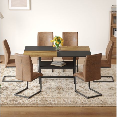 Esstisch-Set aus MDF und Metall braun/schwarz, 6-Sitzer, mit integriertem Ablagefach (1/5)