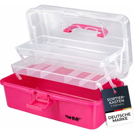 HMF Nähkasten aufklappbar mit 3 Ebenen, Sortierbox für Kleinteile, 33 x 20 x 15 cm, Pink