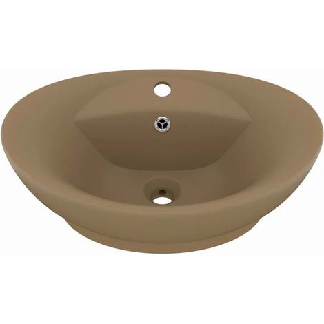 Lavabo ovale de luxe avec trop-plein, couleur crème mate, 58,5 x 39 cm, céramique.