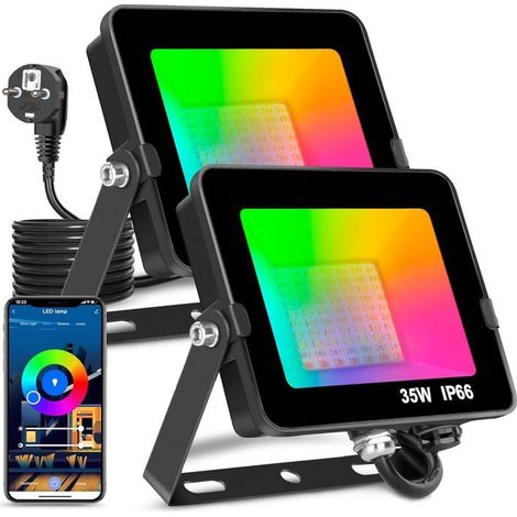 2 projecteurs LED extérieurs intelligents, 35 W, étanches IP66, réglables en intensité et couleur, pour jardin, terrasse et façade