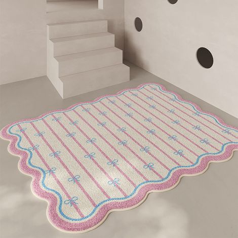Karierter Kunstfellteppich mit Schleife, Wohnzimmerdekoration, rutschfest, fleckenabweisend, Sofateppich, Geschenk für Mädchen, 60 x 90 cm (rosa), Modell 1.