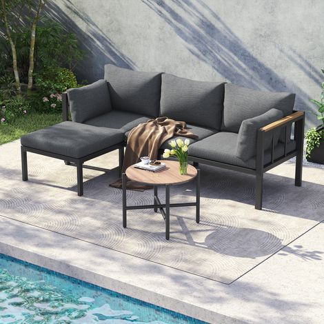 Garten-Ecklounge Grau – Sofa, Tisch & Ottomane, verzinkter Stahl, Glasplatte (1/5)