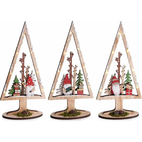 Alberi natalizi decorativi in legno con luci LED, intaglio gnometto con alberi e pacco regalo, da appoggiare, set da 3 pezzi, cm 14,5 x 6 x 30 H