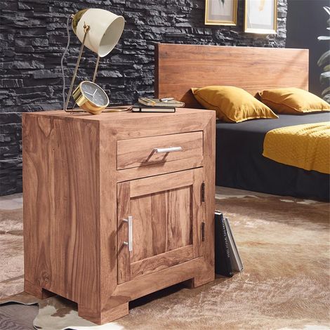 Nachttisch Massivholz Akazie Design Nachtkommode 60 cm mit Schublade und Tür Nachtschrank für Boxspringbett B/H/T ca. 50/60/40cm (1/5)