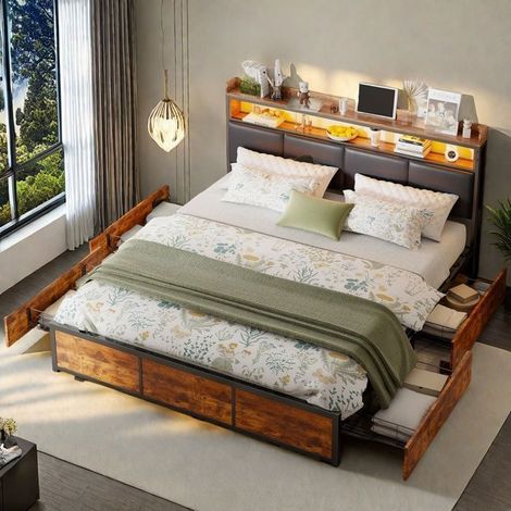 Doppelbett - 180x200 cm - Kopfteil aus PU-Leder mit RGB-LED - 4 Stauraumschubladen - Schwarze Metallstruktur