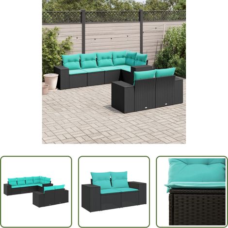 Gartenmöbel - 7-teiliges Gartensofa-Set mit Kissen, schwarzes Polyrattan (1/5)