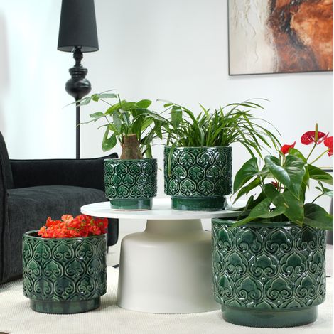 Blumentopf aus Keramik Ø24 cm satiniertes Grün mit Herzrelief und Drainageloch HAVRYA (1/5)