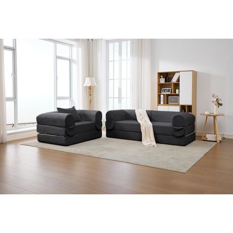 Ensemble de canapés en velours côtelé, canapé 1 place + canapé 2 places, modèle compressé – Dimensions : 190 x 78 x 65 cm + 120 x 85 x 60 cm (1/5)