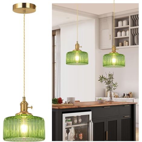 Suspension vintage avec verre strié, Lampe suspendue rétro – Douille E27, Ampoule LED 4W incluse (Blanc chaud) – Hauteur de câble réglable – Idéale pour chambre, couloir, entrée, chevet (1/5)
