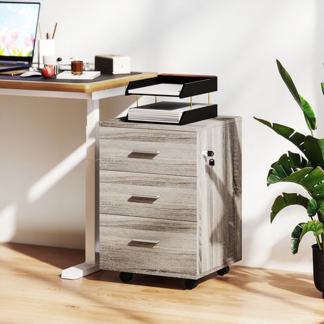 Commode de bureau à 3 tiroirs, roulettes, serrure, 2 clés, meuble de rangement mobile pour bureau ou salon, 40 x 40 x 61,5 cm, grise (1/5)