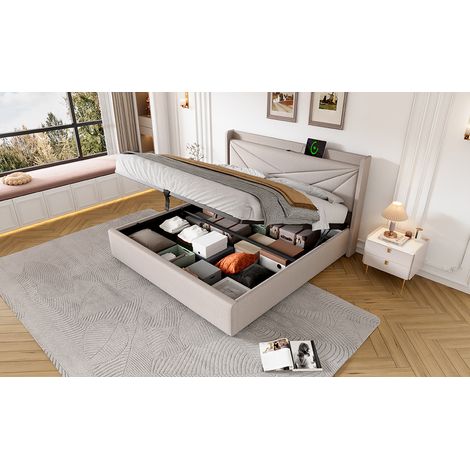 Cama 140x200 cm beige de tejido con USB-C y arcón, ahorra espacio, sin colchón – MEUBLIV (1/5)
