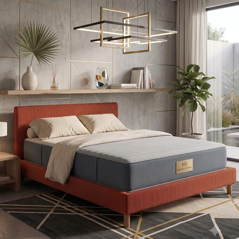 Lit velours côtelé 90x190 cm avec tête de lit coloris terracotta (1/5)