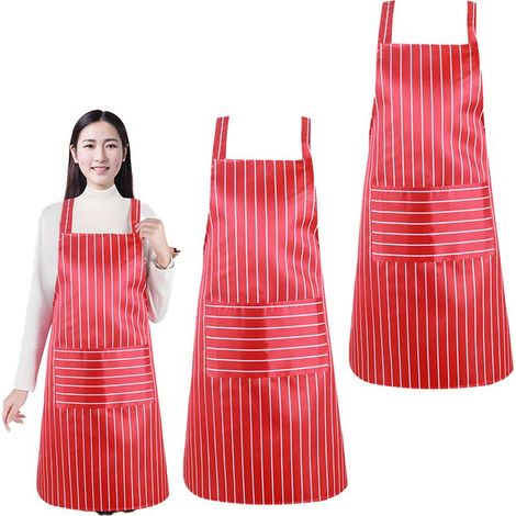 Lot de 2 tabliers de cuisine, tablier de chef souple à bavette ajustable avec poches pour hommes et femmes, rouge (1/5)