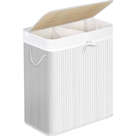 Cesta Porta Biancheria in Bambù, Cesto per Lavanderia con 2 Sezioni, Coperchio e Sacco Interno Rimovibile, Manici in Cotone, Capacità di 100 Litri, per Lavanderia e Camera, Bianco (1/7)