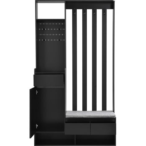 Eingangs-Garderobe mit Sitzbank, Lochwand und Schuhregal, schwarz 180x100x35 cm (1/5)