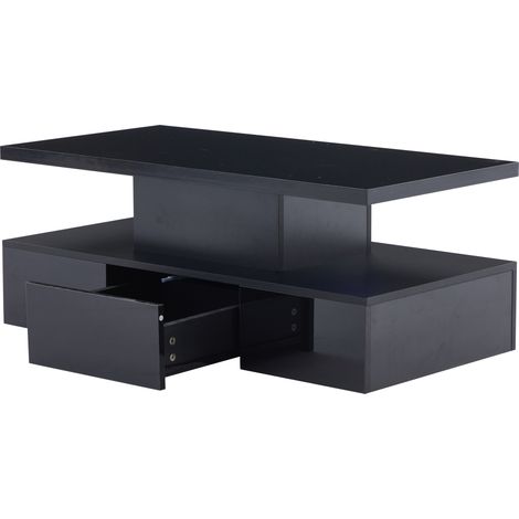 Table basse rectangulaire noire à deux niveaux pour salon, avec éclairage LED 16 couleurs, finition brillante, étagère ouverte et 1 tiroir coulissant (1/5)
