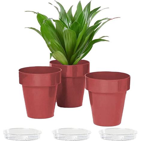 3 vasi con 3 sottovasi trasparenti per fiori e piante rotondi Ø 14 cm - Resistenti ai raggi UV - Colore Coral (1/4)