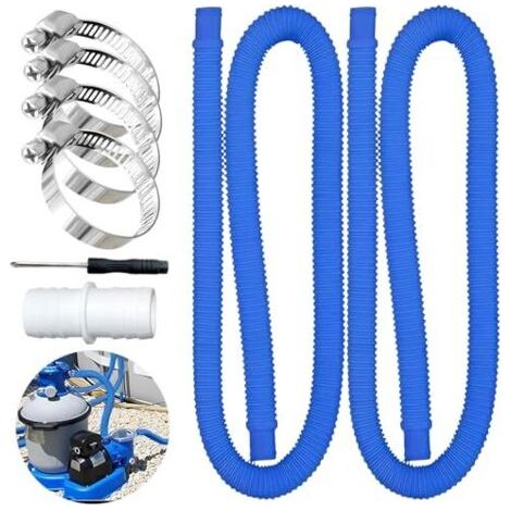 2Pcs tuyau piscine 32mm, avec 4 Clips de Sécurité Métalliques, pour Tuyau d'aspiration et Tuyau de Pompe, Bleu