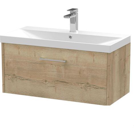 Winshill Contemporary 1 Drawer Wall Hung Vanity Unit with Thin Edge Basin, Light Oak, 800mm