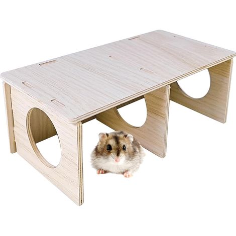 Cachette en bois à 2 compartiments pour hamsters - Tunnel à plusieurs compartiments - Jouet d'exploration avec plateforme et plateforme - Accessoires pour cage pour gerbilles, rats et souris (1/5)