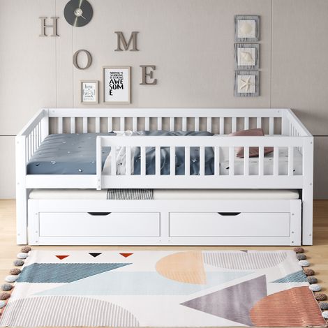 Lit gigogne enfant 90x200 cm en bois blanc, avec rangement pour chambre, sans matelas FloraGrace (1/5)