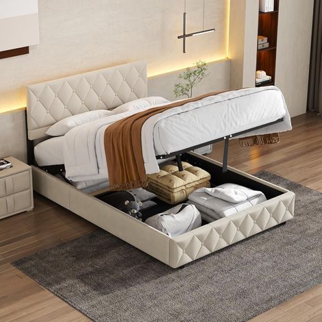 Lit coffre Okwish 140 x 200 cm – Lit double rembourré avec tête de lit LED et port USB Type-C – Cadre avec sommier à lattes et coffre de rangement hydraulique, tissu en coton beige, matelas non inclus (1/5)