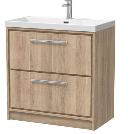 Longnor 2 Drawer Floor Standing Vanity Unit with 1 Tap Hole Thin Edge Basin, Light Oak, 800mm
