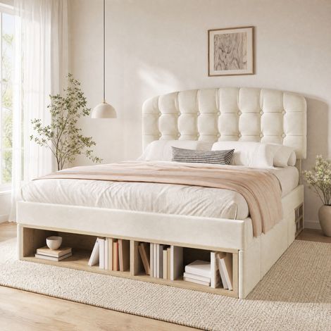 CHICFURN Cama 140x200 de terciopelo beige, cabecero ajustable y almacenaje, sin colchón (1/5)