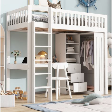 Bett Hochbett 90x200 cm aus Kiefer Weiß mit Schreibtisch, Kleiderschrank, 3 Schubladen, offenem Stauraum, Treppe und Geländer (1/5)