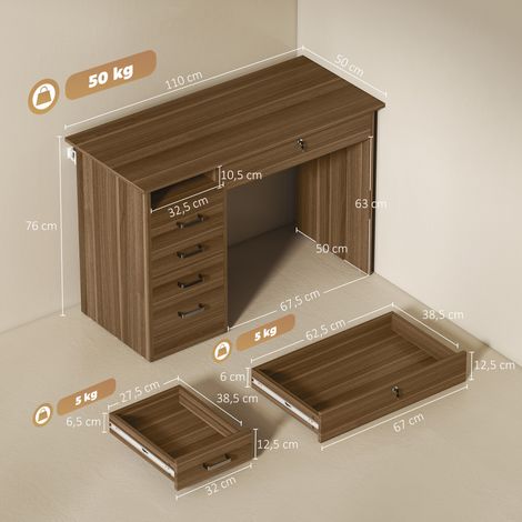 Bureau d'étude 5 tiroirs 110 x 50 cm, meuble à rangements avec étagère, casier verrouillable, finition noyer (1/3)