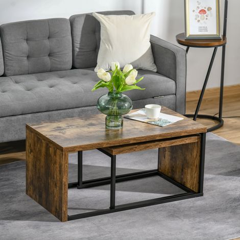 Zweiteiliges Set stapelbarer Beistelltische im Industrial-Design, Maße: Großer Tisch 90 x 48 x 42 cm (L x B x H), schwarzes Metall mit Antikholz-Finish