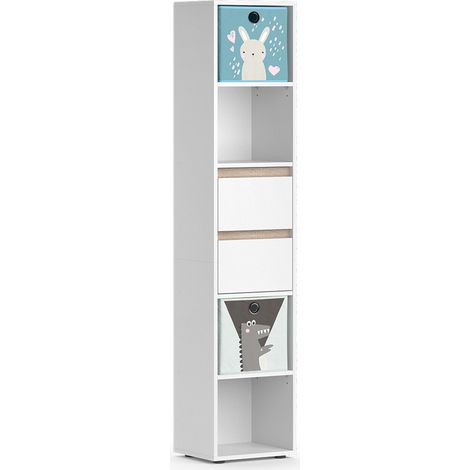 Estantería infantil Robert, Blanco, 36.2 x 171 cm con cajas plegables de color, Vicco